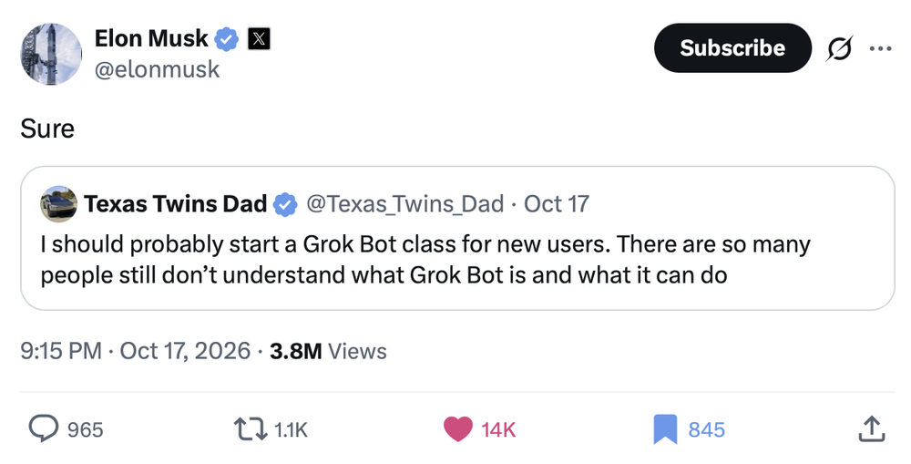 Screenshot of a public post on X by Elon Musk: Sure