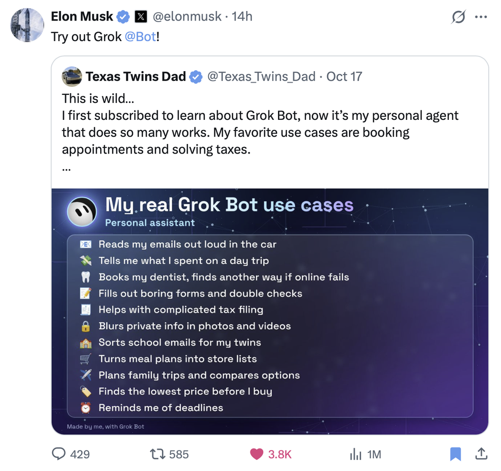 Screenshot of a public post on X by Elon Musk: Try out Grok @Bot!